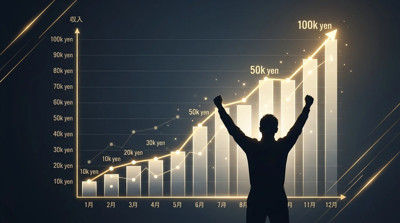 AI副業で月収が右肩上がりに成長するイメージ