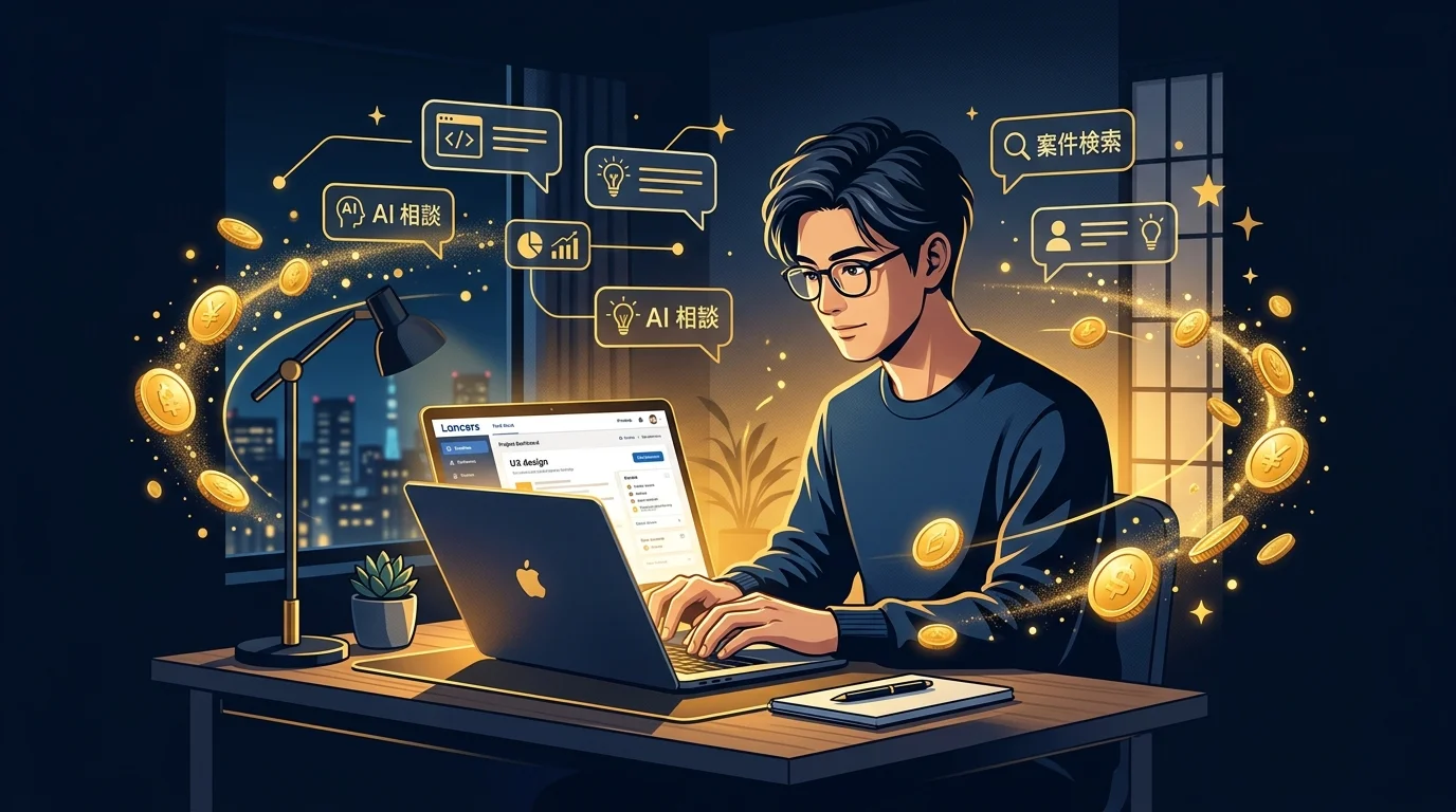 ランサーズ×AI副業 アイキャッチ画像：ノートPCでランサーズを使う男性とAIチャット・コインのイラスト