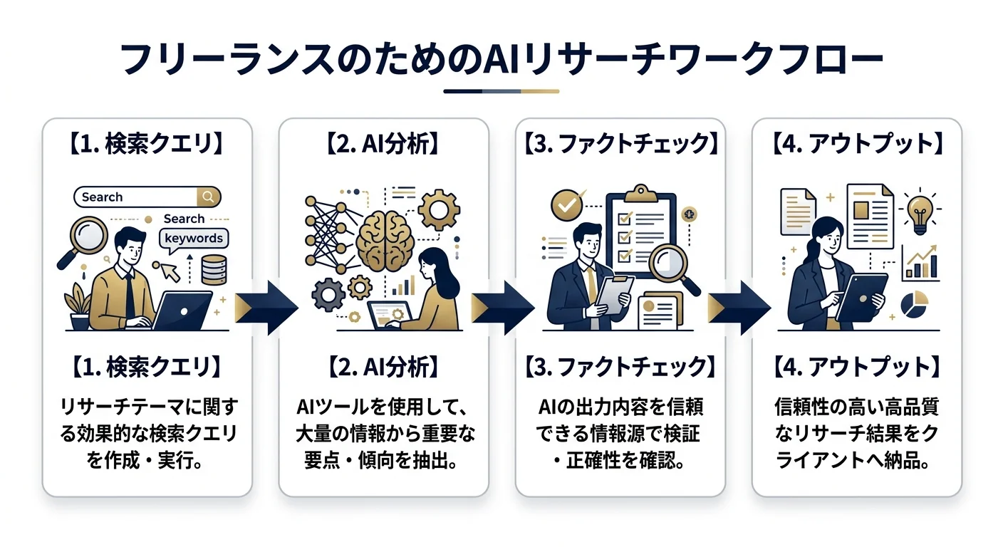 AIリサーチの4ステップワークフロー図