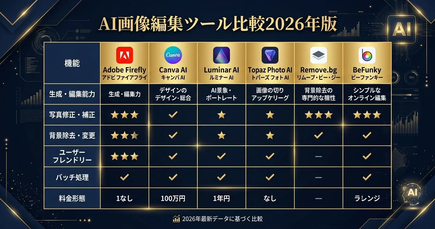 AI画像編集ツール比較2026年版【Adobe Firefly・Canva AI・Luminar AI】