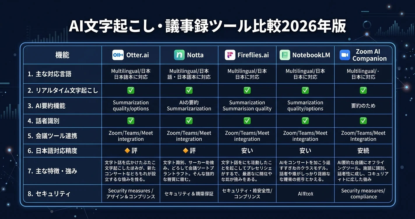 AI文字起こし・議事録ツール比較2026年版【Otter・Notta・Fireflies】