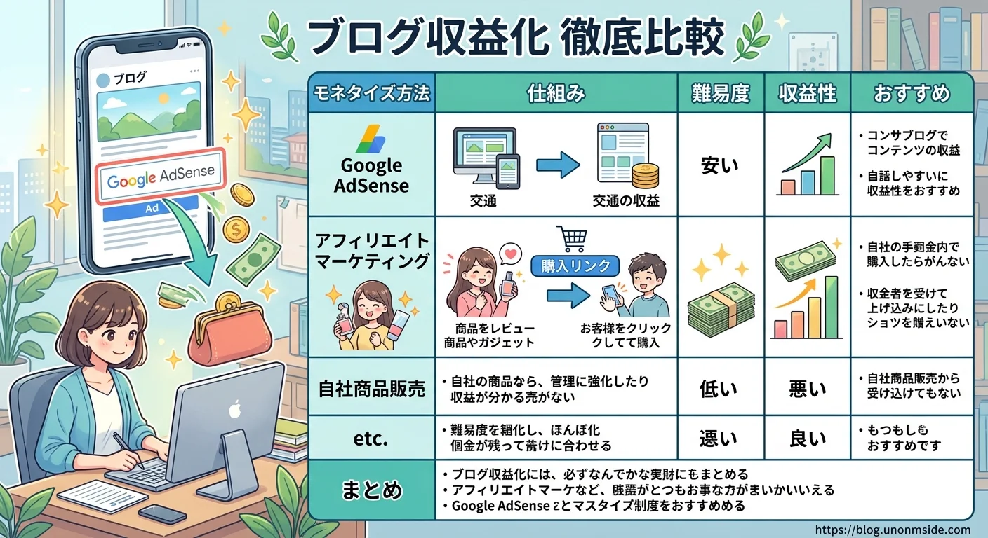 ブログ収益化の方法 アドセンスとアフィリエイト比較