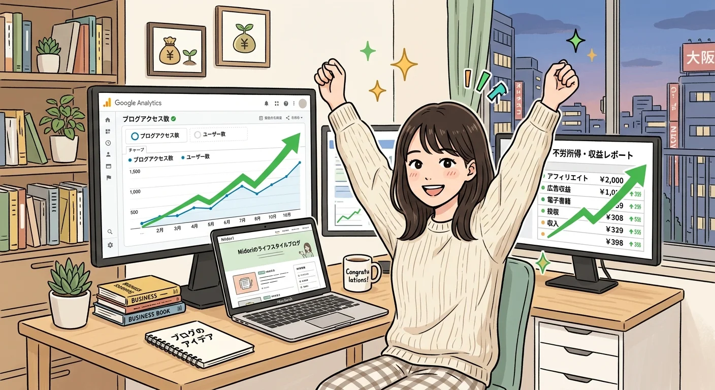 ブログのアクセス数と収益の成長グラフ