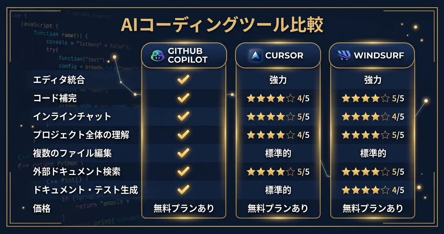 AIコーディングツール比較【GitHub Copilot・Cursor・Windsurf】