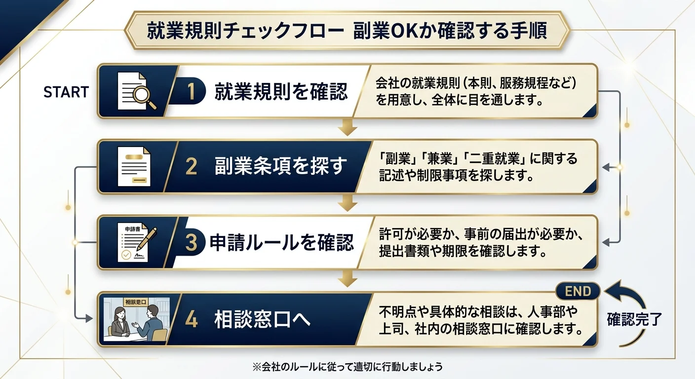 就業規則チェックフロー 副業OKか確認する手順