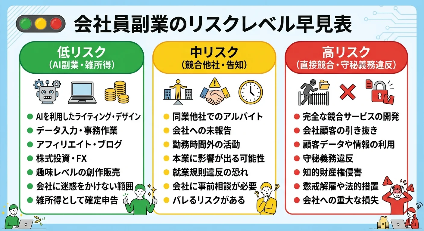 会社員副業のリスクレベル早見表