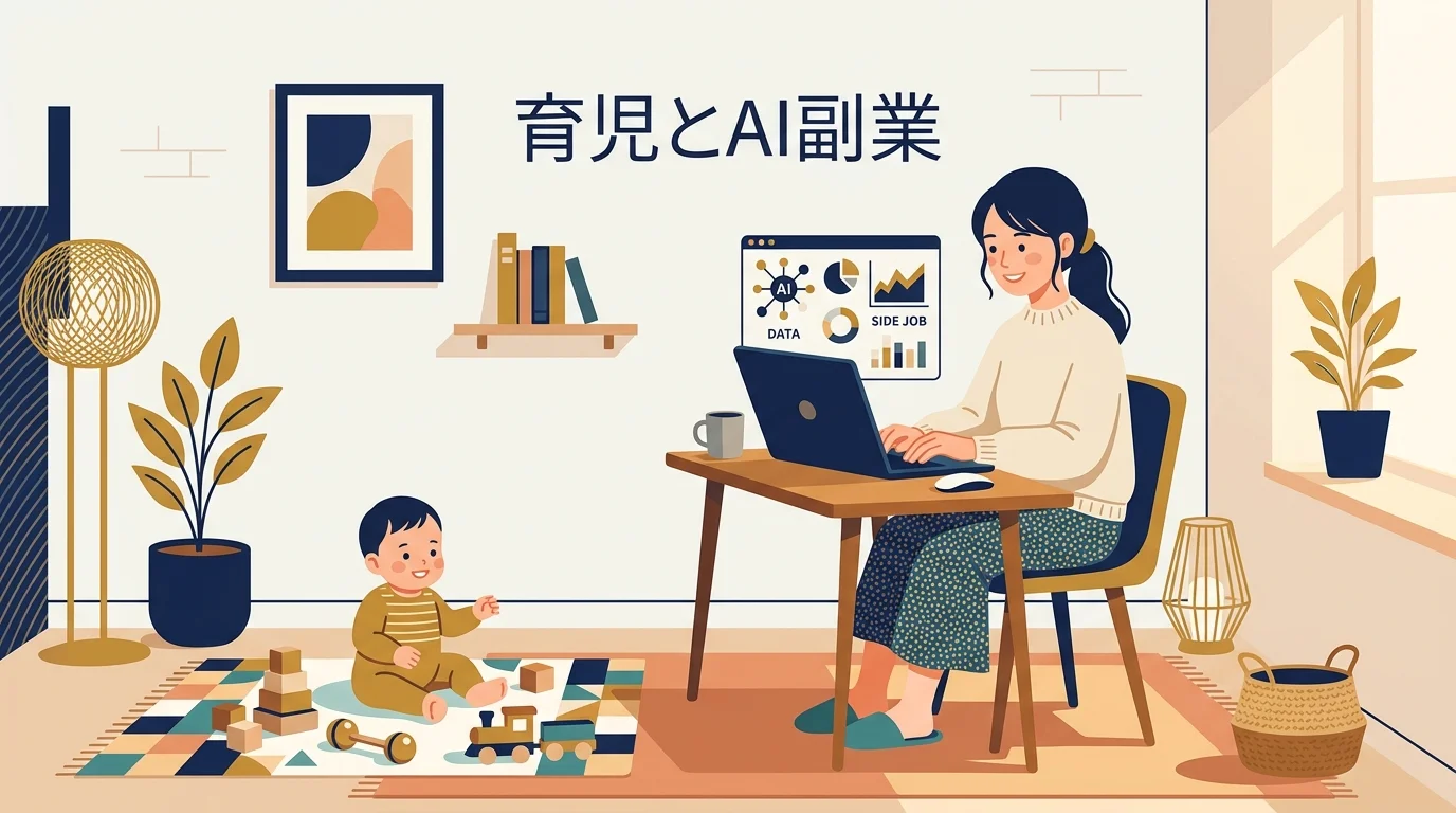 育児中ママがAIを使って副業をしているイメージ