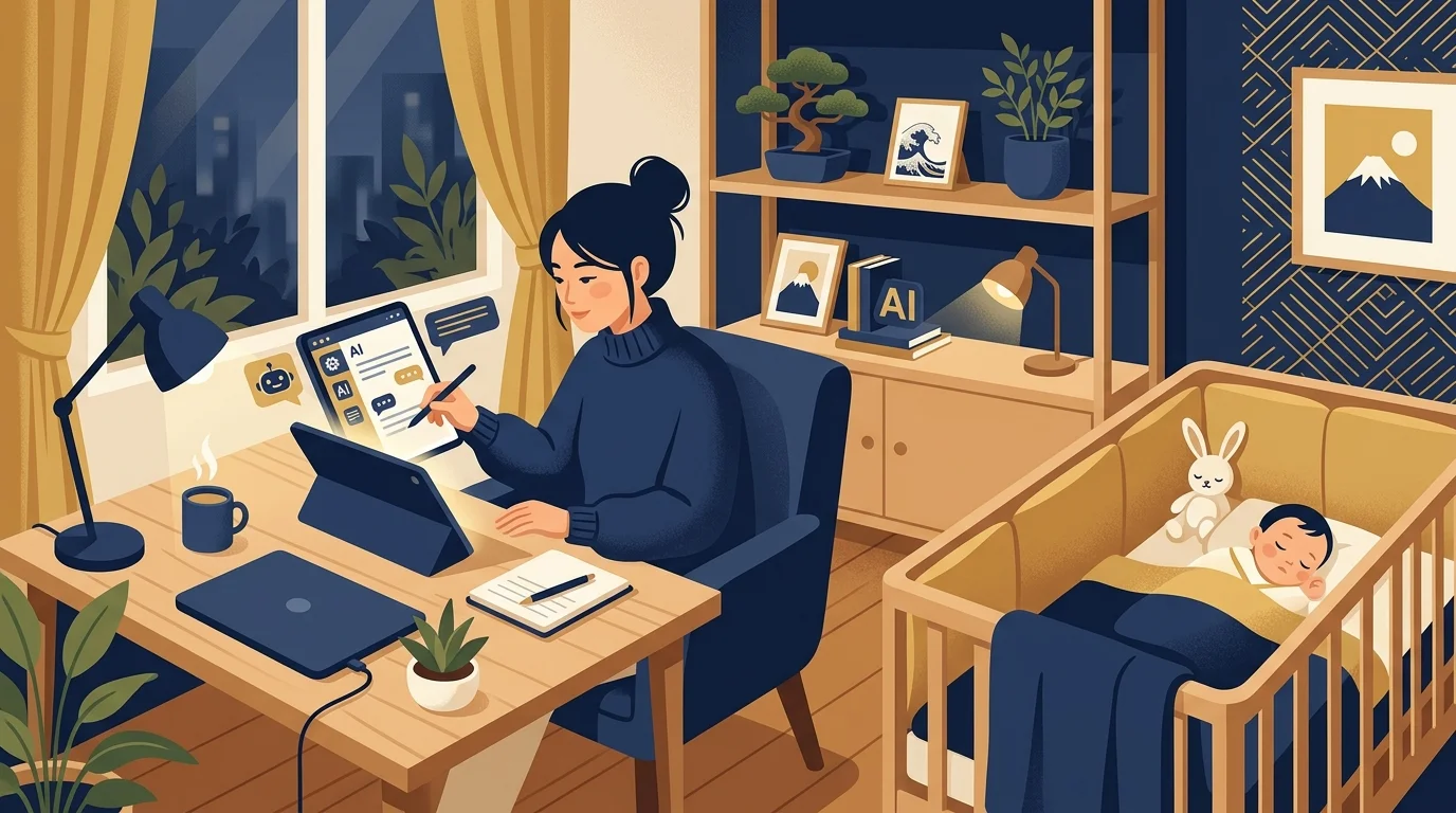 育児中ママがAIツールでライティングをするイメージ