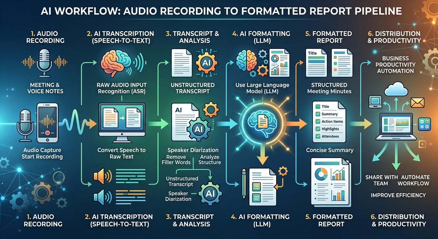 AIワークフローで音声録音から議事録作成まで自動化するプロセス図