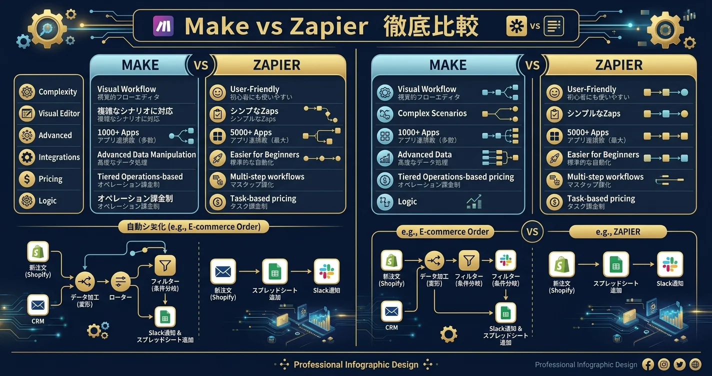 Make vs Zapier 徹底比較【2026年版】