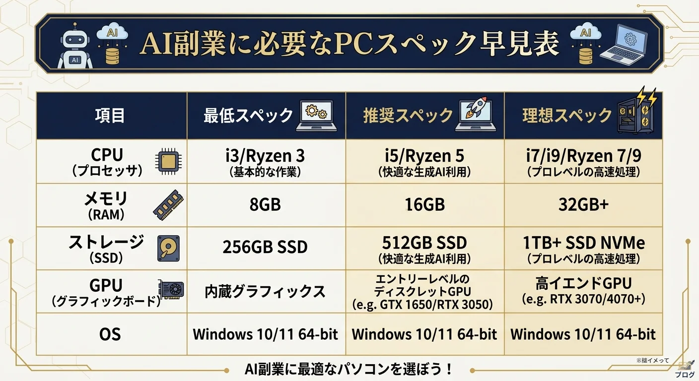 AI副業に必要なPCスペック早見表