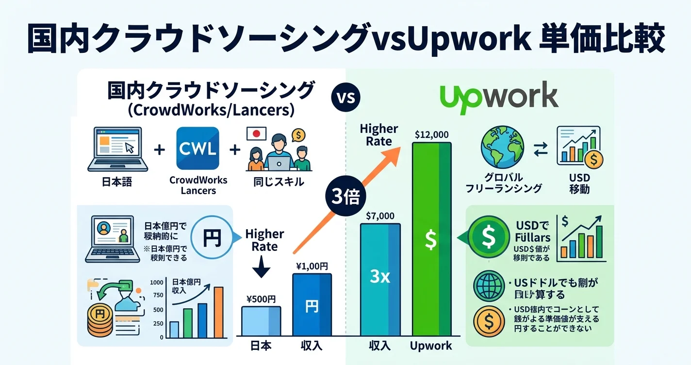 国内クラウドソーシングvsUpwork 単価・収入比較