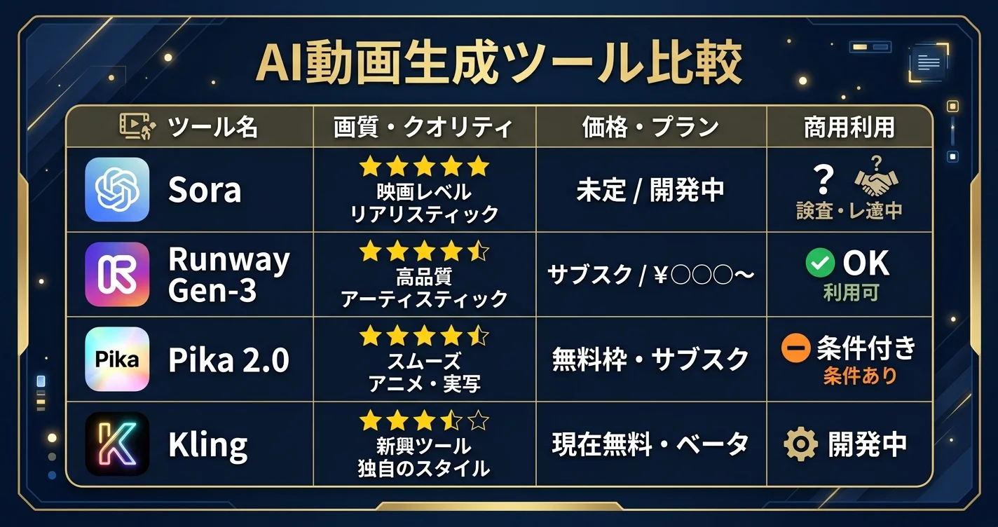 AI動画生成ツール比較【Sora・Runway・Pika・Kling】