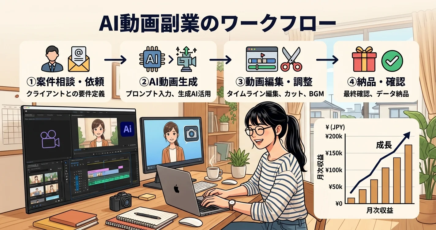 AI動画副業のワークフローと収益化フロー