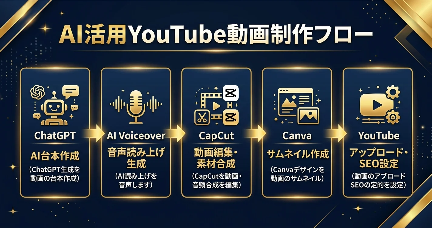AI活用YouTube動画制作フロー（台本→編集→サムネイル→SEO投稿）
