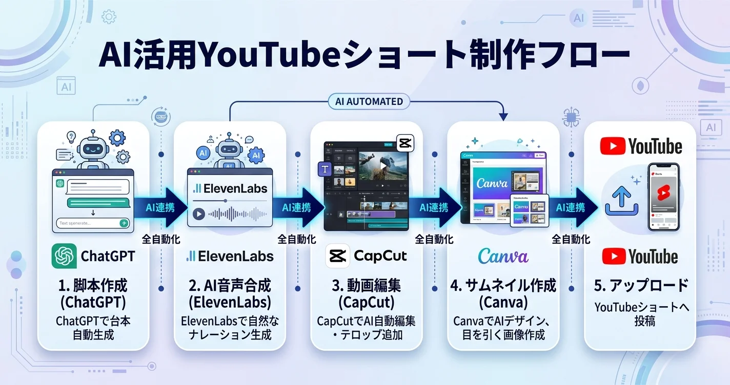 AI活用YouTubeショート制作フロー（ChatGPT→音声→編集→サムネイル）
